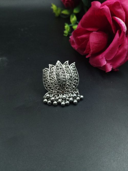 Adjustable Lotus Ring in Oxidized German Silver | Ethnic Jewelry for Women - Image 2