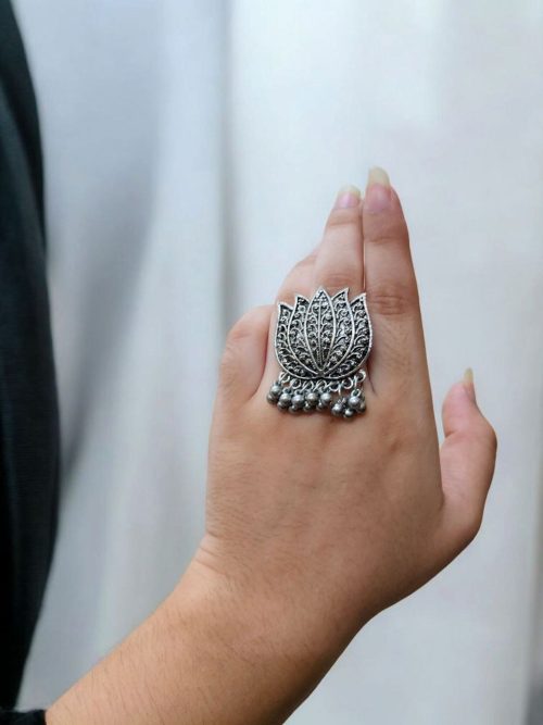 Adjustable Lotus Ring in Oxidized German Silver | Ethnic Jewelry for Women
