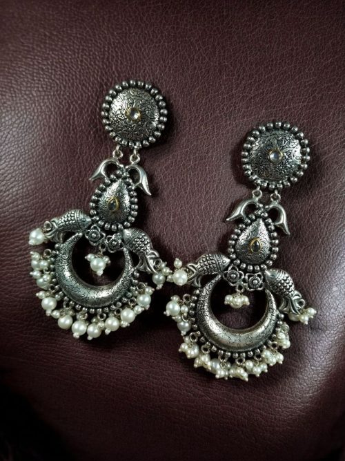 Traditional Fish Design Earrings | Oxidized German Silver Dangler with Pearl Work