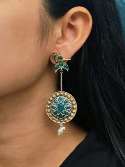 Traditional Bird Design Dangler Earrings | Two-Tone Beautiful Jewelry with Pearl & Stone Work