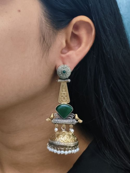 Two-tone oxidized bird jhumka earrings with Monalisa stone and pearl drop