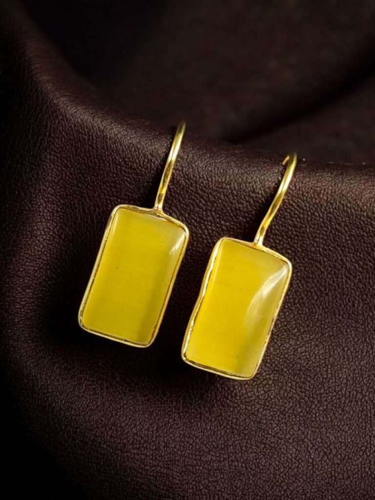 Bulk 932 Handmade Gold Plated Geometric Hook Earrings with Monalisa Stone for Best Casual Outfits - "Yellow"