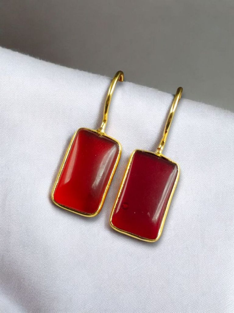 Bulk 934 Handmade Gold Plated Geometric Hook Earrings with Monalisa Stone for Best Casual Outfits - "Red"
