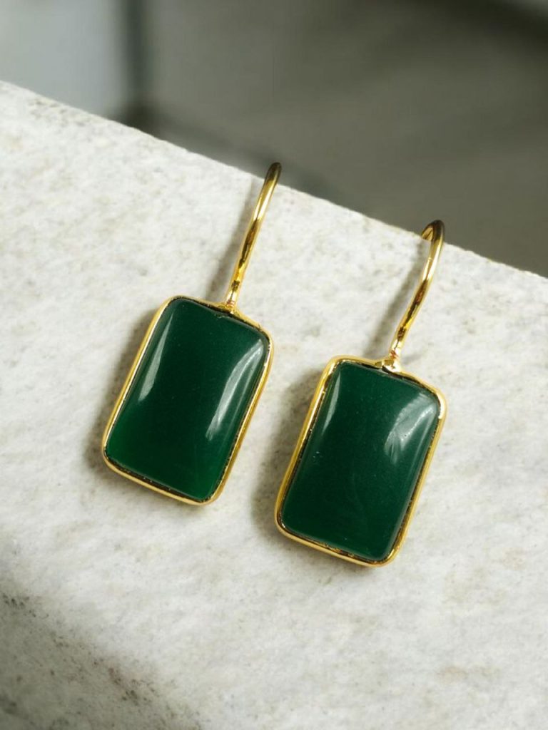 Bulk 938 Handmade Gold Plated Geometric Hook Earrings with Monalisa Stone for Best Casual Outfits - "Green"