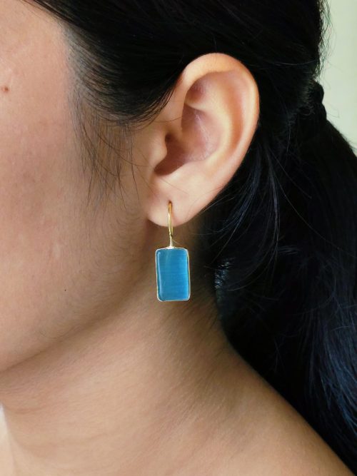 Gold plated geometric hook earrings with Monalisa stone for casual wear