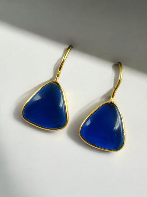 Lightweight gold plated triangle hook earrings with Monalisa stone for daily wear