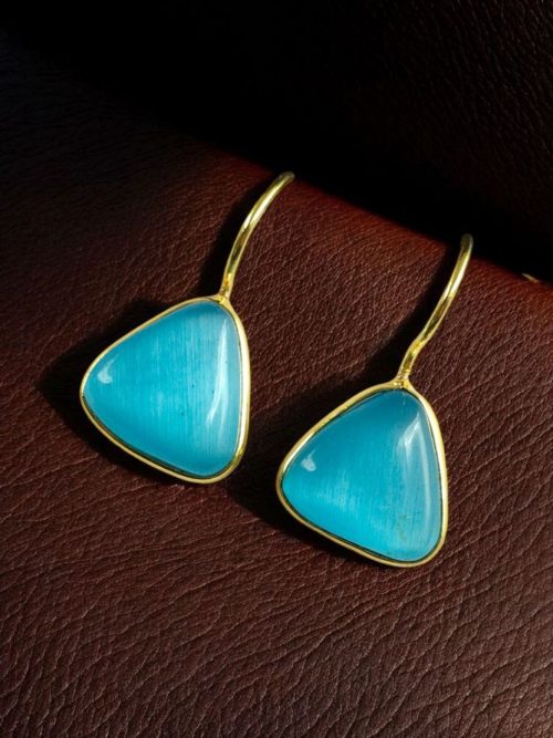 Lightweight gold plated triangle hook earrings with Monalisa stone for daily wear