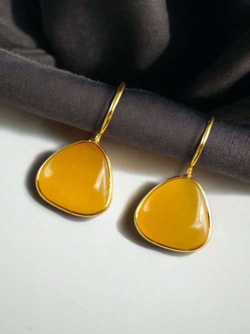 Lightweight gold plated triangle hook earrings with Monalisa stone for daily wear