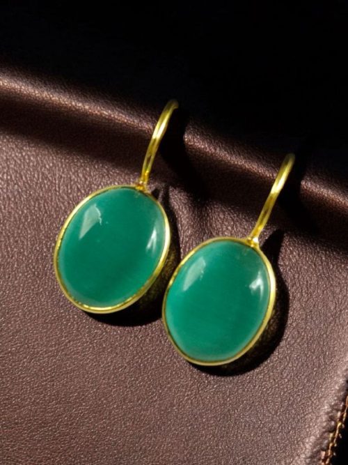 Handmade gold plated hook earrings with Monalisa stone for daily wear.