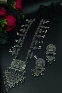 Elegant Matt Black Polish Long Necklace – German Silver Best Jewelry with Adjustable Thread