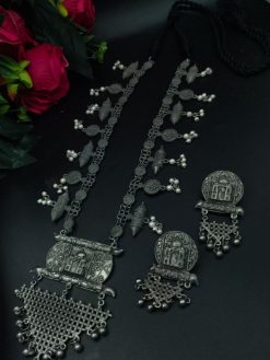 Matt black polish German silver long necklace with adjustable thread