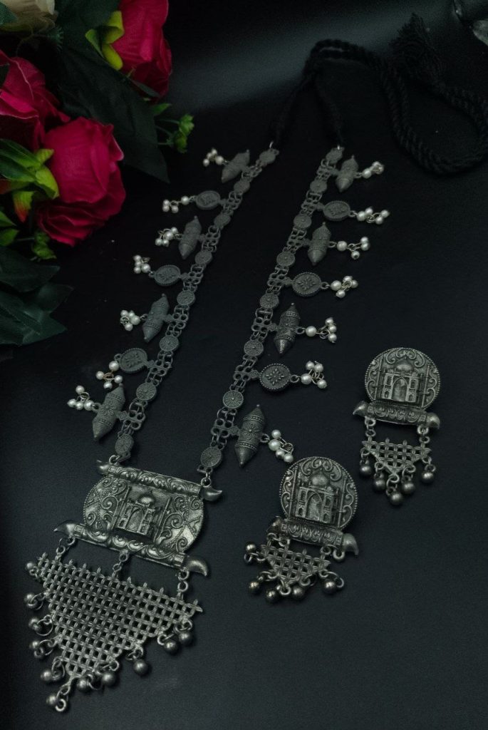 Bulk 856 Elegant Matt Black Polish Long Necklace – German Silver Best Jewelry with Adjustable Thread