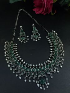 Unique Leaf Design Necklace Set – Silver Plated with Stone & Pearl Work for Festive Wear - color: "Green"