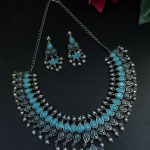 Unique Leaf Design Necklace Set – Silver Plated with Stone & Pearl Work for Festive Wear - "Aqua"