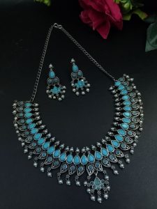 Unique Leaf Design Necklace Set – Silver Plated with Stone & Pearl Work for Festive Wear - color: "Aqua"