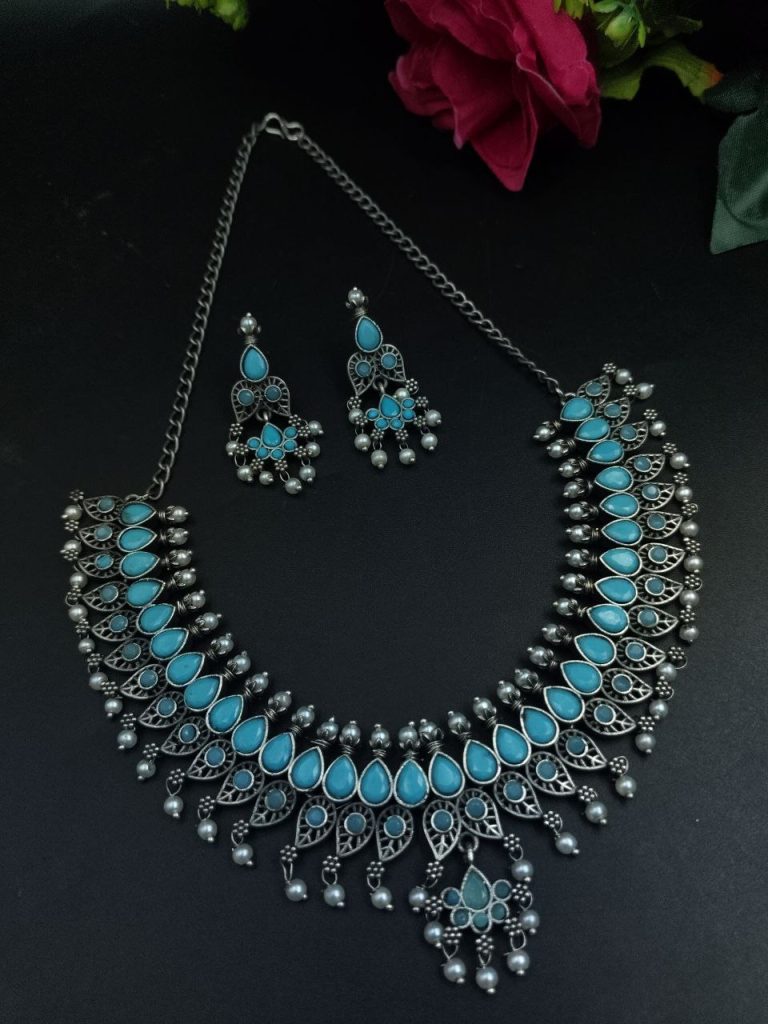 Bulk 840 Unique Leaf Design Necklace Set – Silver Plated with Stone & Pearl Work for Festive Wear - "Aqua"