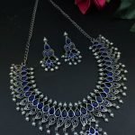 Unique Leaf Design Necklace Set – Silver Plated with Stone & Pearl Work for Festive Wear - "Blue"