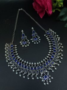 Unique Leaf Design Necklace Set – Silver Plated with Stone & Pearl Work for Festive Wear - color: "Blue"