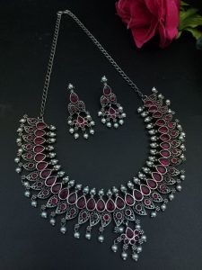 Unique Leaf Design Necklace Set – Silver Plated with Stone & Pearl Work for Festive Wear - color: "Red"