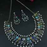 Unique Leaf Design Necklace Set – Silver Plated with Stone & Pearl Work for Festive Wear - "Multi"