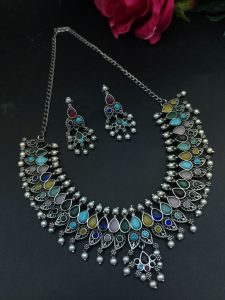 Unique Leaf Design Necklace Set – Silver Plated with Stone & Pearl Work for Festive Wear - color: "Multi"