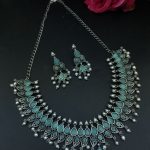 Unique Leaf Design Necklace Set – Silver Plated with Stone & Pearl Work for Festive Wear - "Mint"