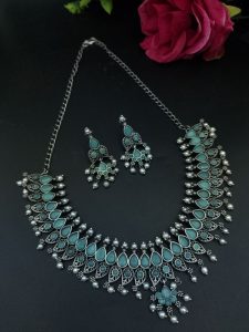 Unique Leaf Design Necklace Set – Silver Plated with Stone & Pearl Work for Festive Wear - color: "Mint"