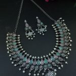 Unique Leaf Design Necklace Set – Silver Plated with Stone & Pearl Work for Festive Wear - "Baby Pink-Mint"
