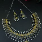 Unique Leaf Design Necklace Set – Silver Plated with Stone & Pearl Work for Festive Wear - "Yellow"