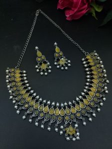 Unique Leaf Design Necklace Set – Silver Plated with Stone & Pearl Work for Festive Wear - color: "Yellow"
