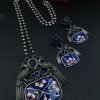 Hand painted peacock necklace set with silver plating and stones