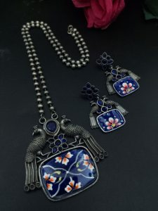 Traditional Best Hand Painted Peacock Necklace Set | Silver Plated Ethnic Jewelry with Stone Work - color: "Blue"
