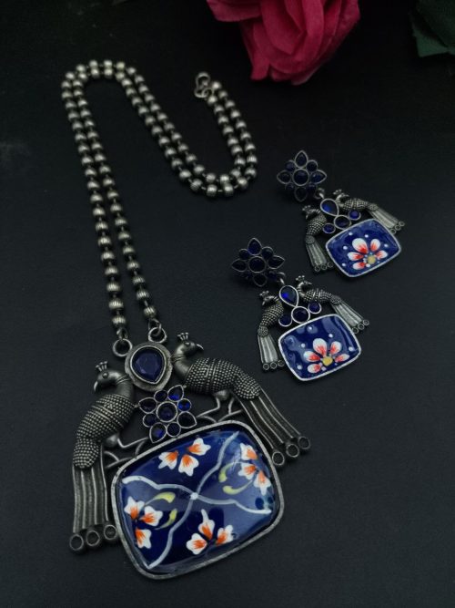 Hand painted peacock necklace set with silver plating and stones