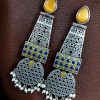 Long oxidized silver plated pearl work stone earrings