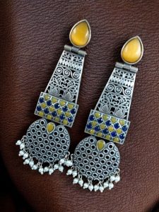 Handcrafted Oxidized Long Earrings | Stone & Pearl Work Unique Design Jewelry For Girls - color: "Yellow-Blue"