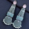 Long oxidized silver plated pearl work stone earrings