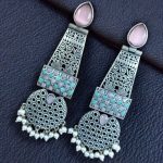 Handcrafted Oxidized Long Earrings | Stone & Pearl Work Unique Design Jewelry For Girls - "Baby Pink-Mint"