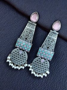 Handcrafted Oxidized Long Earrings | Stone & Pearl Work Unique Design Jewelry For Girls - color: "Baby Pink-Mint"
