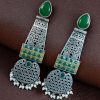 Long oxidized silver plated pearl work stone earrings