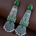 Handcrafted Oxidized Long Earrings | Stone & Pearl Work Unique Design Jewelry For Girls - "Green-Yellow"