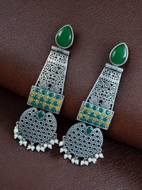 Long oxidized silver plated pearl work stone earrings