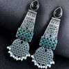 Long oxidized silver plated pearl work stone earrings