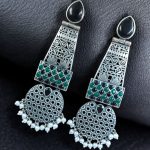 Handcrafted Oxidized Long Earrings | Stone & Pearl Work Unique Design Jewelry For Girls - "Black-Green"