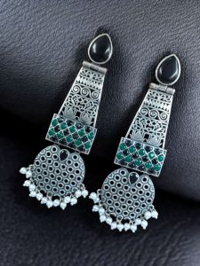 Handcrafted Oxidized Long Earrings | Stone & Pearl Work Unique Design Jewelry For Girls - color: "Black-Green"
