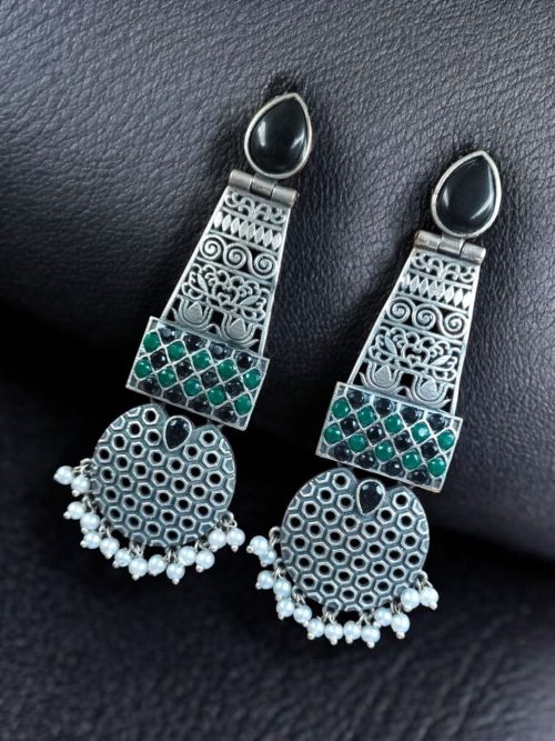 Long oxidized silver plated pearl work stone earrings