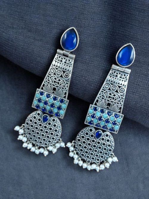 Long oxidized silver plated pearl work stone earrings