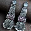 Long oxidized silver plated pearl work stone earrings