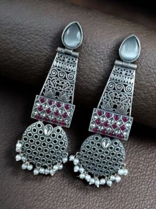 Handcrafted Oxidized Long Earrings | Stone & Pearl Work Unique Design Jewelry For Girls - color: "Grey-Red"