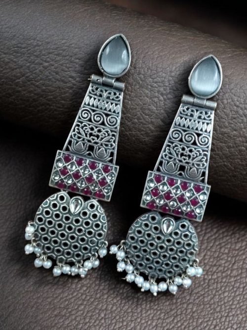 Long oxidized silver plated pearl work stone earrings