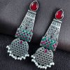 Long oxidized silver plated pearl work stone earrings